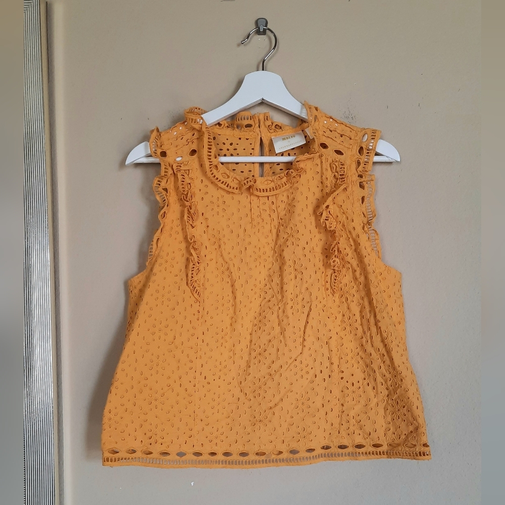 Maeve By Anthropologie Mustard Eyelet Lace Top Cotton Frilly Ruffle Goldenrod